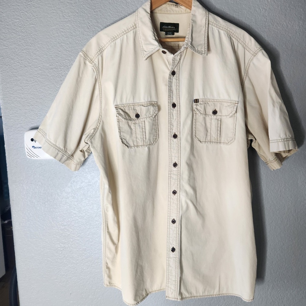 Vtg Eddie Bauer Mens Shirt XXL Tall Cream Short Sleeve Safari Flap Pocket Cotton